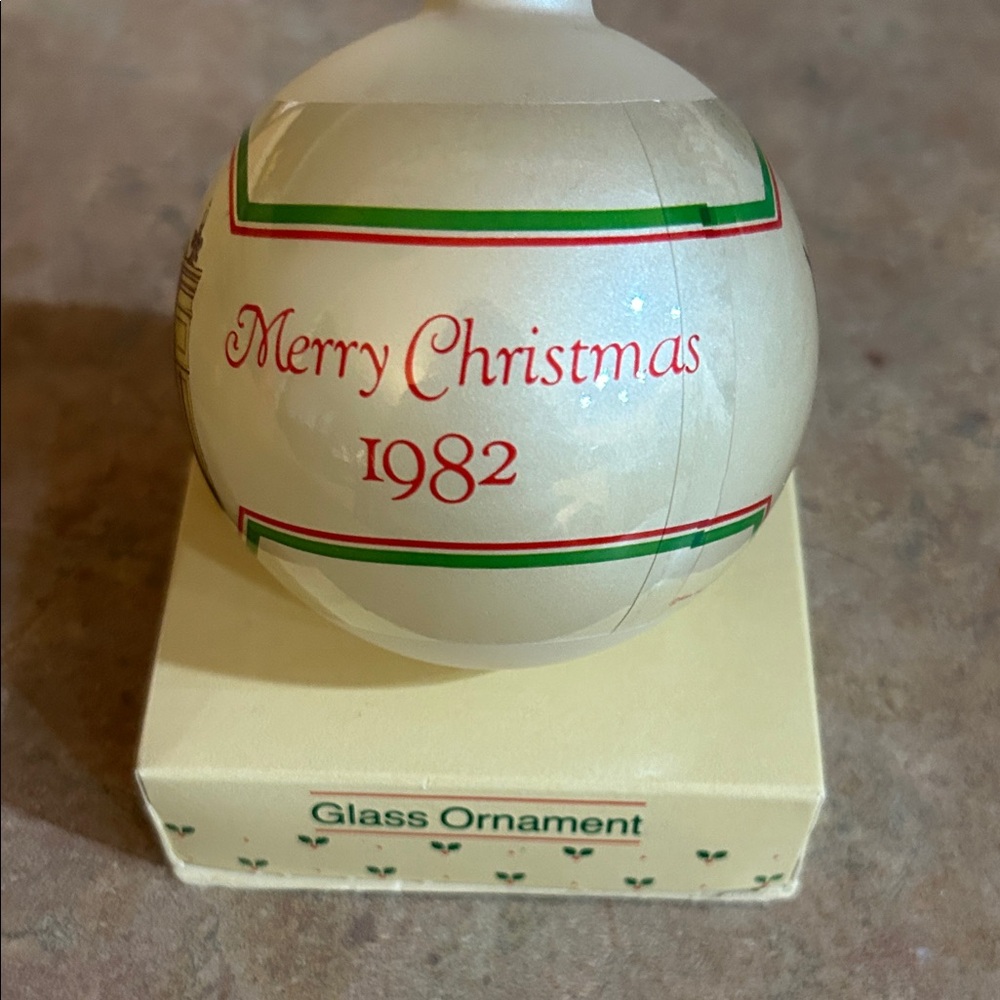 American Greetings Pearl White Glass Ornament with Red and Green Trim